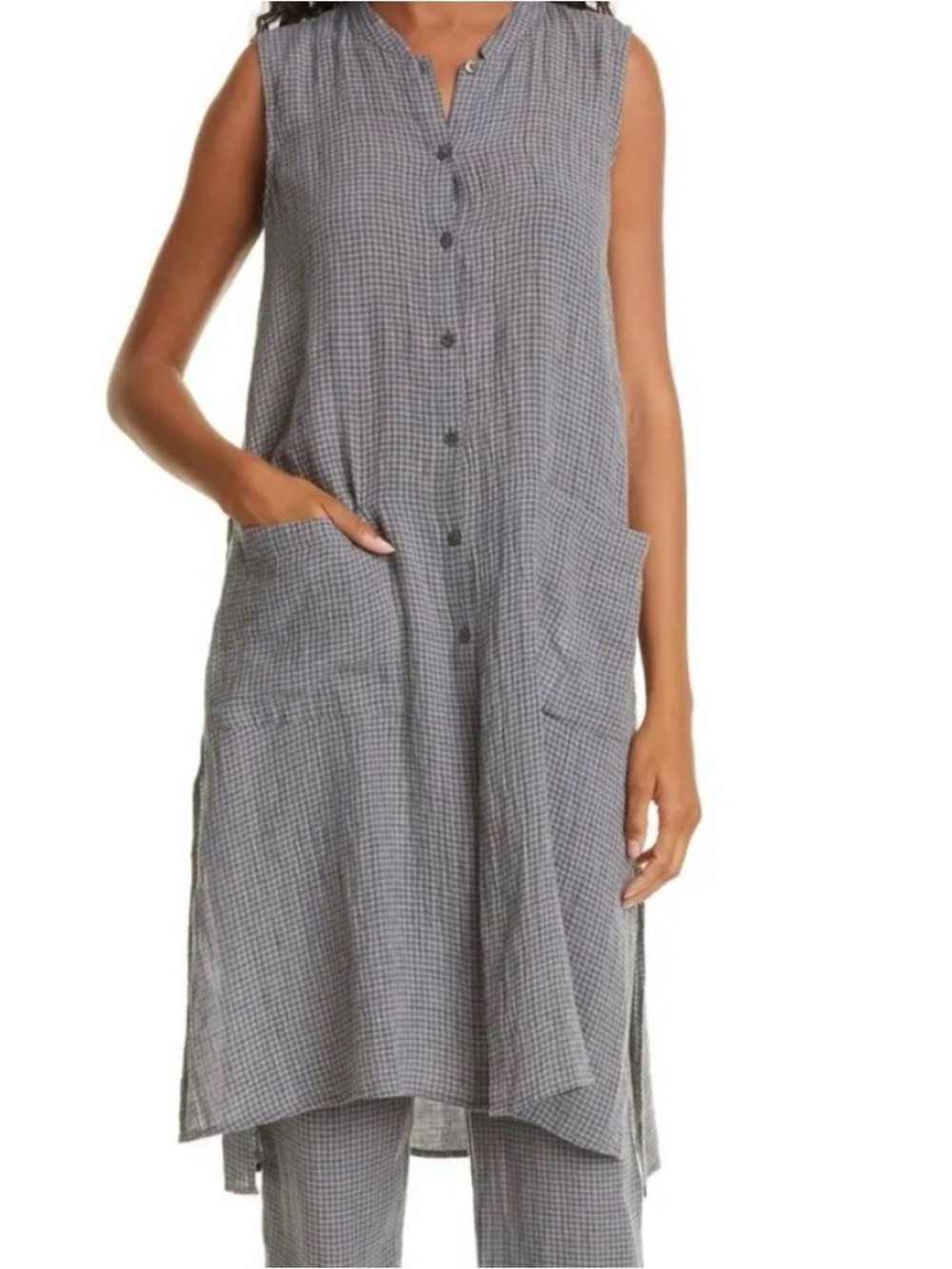 Eileen Fisher Organic Linen Pucker Check Gingham Tunic Top in Moon